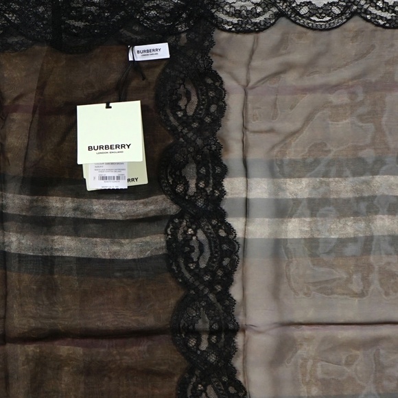 Burberry Scarf Lace Border Distress Check Chiffon New - Picture 4 of 5